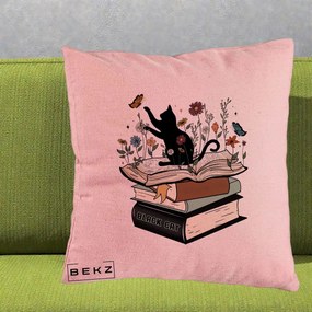 Perna Personalizata Pisica Neagra Carti Flori Fluturi, 40x40 cm, Roz, Husa Detasabila, Perna Inclusa, BEKZ®