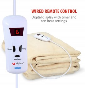 Patura electrica Alpina, 180W, 180x130 cm, Timer, 10 setari de caldura, Telecomanda, Bej