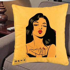 Perna Decorativa Femeie Pop-Art Kiss, 40x40 cm, Galben, Husa Detasabila, Perna Inclusa, BEKZ®