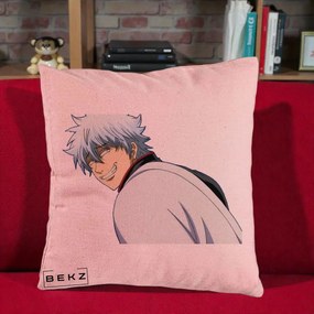 Perna Personalizata Gintama Gintoki Portret cu Zambet, 40x40 cm, Roz, Husa Detasabila, Perna Inclusa, BEKZ®