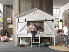 Pat Semi-Supraetajat Barnie pentru Copii, 90x200 cm, Alb (Pin Masiv și MDF) – Barnie – Vipack