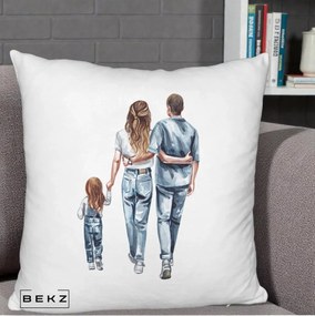 Cadou pentru Familie - Perna Personalizata Familie Acuarela Jeans, 40x40 cm, Alb Pufos, Husa Detasabila, Perna Inclusa, BEKZ®