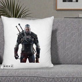 Perna Personalizata The Witcher Geralt of Rivia Portret, 40x40 cm, Alb Pufos, Husa Detasabila, Perna Inclusa, BEKZ®