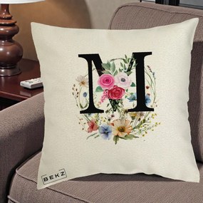 Cadou Personalizat - Perna Personalizata Monogram Litera M cu Flori Acuarela, 40x40 cm, Ecru, Husa Detasabila, Perna Inclusa, BEKZ®