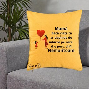 Cadou pentru Mama - Perna Personalizata Mama Nemuritoare cu Bebelus Kawaii, 40x40 cm, Galben, Husa Detasabila, Perna Inclusa, BEKZ®