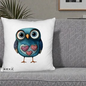 Perna Decorativa Bufnita Teal cu Doua Inimi, 40x40 cm, Alb Pufos, Husa Detasabila, Perna Inclusa, BEKZ®