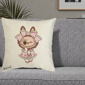 Perna Personalizata Labubu Lolita Roz cu Dantela, 40x40 cm, Ecru, Husa Detasabila, Perna Inclusa, BEKZ®