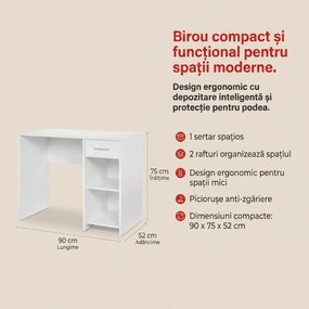 Birou Modern Adore Concept cu Sertar și 2 Rafturi, Alb - Maro - Stejar - Antracit, 90x52x75 cm
