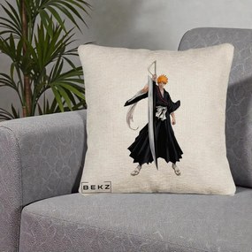 Perna Personalizata Bleach Ichigo Kurosaki Zangetsu, 40x40 cm, Bej Canapea, Husa Detasabila, Perna Inclusa, BEKZ®
