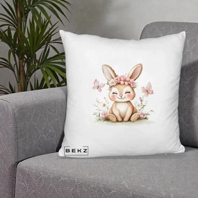 Perna Decorativa Iepuras cu Coronita Florala Roz, 40x40 cm, Alb Pufos, Husa Detasabila, Perna Inclusa, BEKZ®