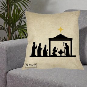 Perna Decorativa Nasterea Pruncului Silueta Neagra si Stea Aurie, 40x40 cm, Crem, Husa Detasabila, Perna Inclusa, BEKZ®