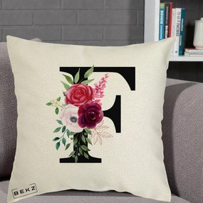 Cadou Personalizat - Perna Personalizata Monograma Florala Litera F, 40x40 cm, Ecru, Husa Detasabila, Perna Inclusa, BEKZ®