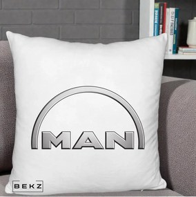 Perna Personalizata cu emblema MAN, 40x40 cm, Alb Pufos, Husa Detasabila, Perna Inclusa, BEKZ®