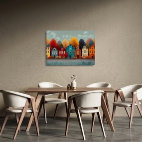 Tablou pe sticlă - Oraș de toamnă pictat (70x50 cm)