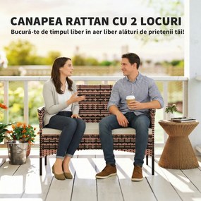 Outsunny Canapea de Grădină 2 Locuri cu Perne și Tampoane Antiderapante, din Ratan și Oțel, 115x63x85 cm, Bej | Aosom Romania