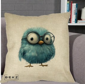 Perna Decorativa Pui Pufos Teal cu Ochelari, 40x40 cm, Crem, Husa Detasabila, Perna Inclusa, BEKZ®