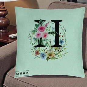 Cadou Personalizat - Perna Personalizata Monogram Litera H cu Flori Acuarela, 40x40 cm, Verde Menta, Husa Detasabila, Perna Inclusa, BEKZ®
