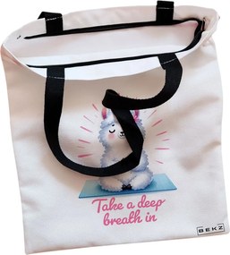Sacosa de Panza pentru Cumparaturi, Geanta Tote, Yoga Take a deep breath in, Cu fermoar, 38x34.5 cm, Alba, BEKZ®
