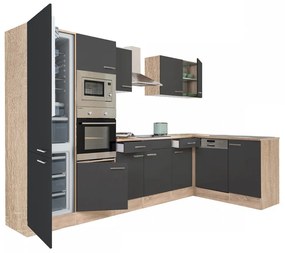 Mobilă de bucătărie de colț Yorki 340, corp din stejar sonoma, față antracit satinat, cu frigider sub blat