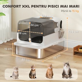 PawHut Litieră Închisă pentru Pisici din Oțel Inoxidabil, 52 L, cu Capac Rabatabil, Ușă Dublă și Lopățică, Alb | Aosom Romania