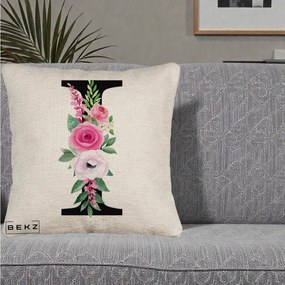 Cadou Personalizat - Perna Personalizata Monograma Florala Litera I, 40x40 cm, Bej Canapea, Husa Detasabila, Perna Inclusa, BEKZ®