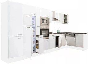 Dulap de bucătărie de colț Yorki 430, corp alb, față alb satinat, frigider cu congelator superior