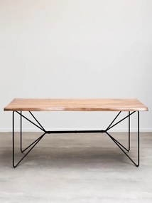 Masă dining cu bancă din lemn masiv de acacia, maro, 8 locuri, cu margini naturale și bază din metal negru, 77,5 x 180 x 96,5 cm, „Frequency”