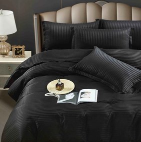 Lenjerie pat dublu, damasc finetat Deluxe, 6 piese, cearceaf pat cu elastic - Negru