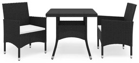 3058308 vidaXL Set mobilier de grădină, 3 piese, negru, poliratan și sticlă