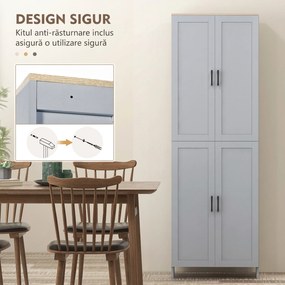 HOMCOM Dulap cămară de bucătărie din lemn cu 2 rafturi reglabile și 4 uși, 60x30x170,5 cm, gri | Aosom Romania
