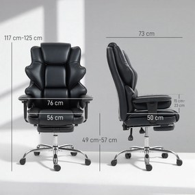 HOMCOM Scaun de birou cu suport pentru picioare și tetieră, din piele PU, spumă și metal, 76x73x117-125 cm, negru | Aosom Romania
