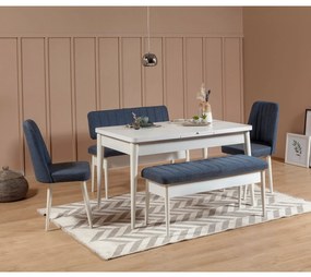 Masă de sufragerie extensibilă cu 2 scaune și 2 bănci Vlasta (alb + albastru închis). 1072198