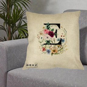 Cadou Personalizat - Perna Personalizata Monogram Litera E cu Flori Acuarela, 40x40 cm, Crem, Husa Detasabila, Perna Inclusa, BEKZ®