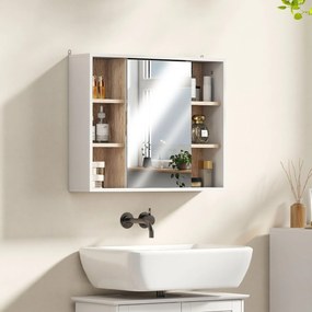 HOMCOM Dulap cu Oglinda din MDF si PAL, Dulap de Baie cu 3 Rafturi Laterale si Raft Interior Reglabil, 60x14.5x49.4 cm, Alb si Lemn Natur | Aosom RO