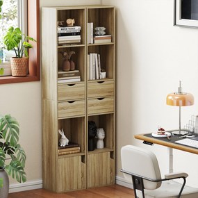 HOMCOM Bibliotecă Îngustă cu 6 Rafturi, Sertare, Ușă și Polițe Deschise, 30x24x158 cm, Stejar | Aosom Romania