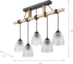 Lustră suspendată pe cablu LEANDRA, 5x E27, 15W, 230V, stejar/negru