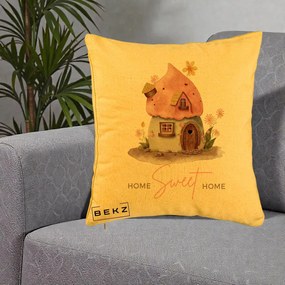 Perna Decorativa Home Sweet Home Casuta, 40x40 cm, Galben, Husa Detasabila, Perna Inclusa, BEKZ®