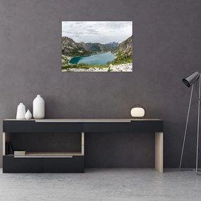 Tablou pe sticlă cu lac în munți (70x50 cm)
