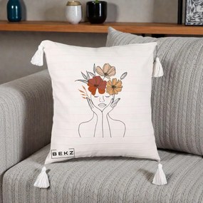 Perna Decorativa Portret Feminin Coroana Trei Flori, 40x40 cm, Bej cu Franjuri, Husa Detasabila, Perna Inclusa, BEKZ®