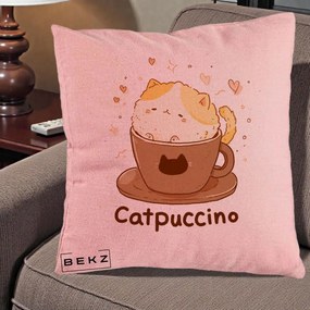 Perna Decorativa Catpuccino Pisica Cappuccino, 40x40 cm, Roz, Husa Detasabila, Perna Inclusa, BEKZ®
