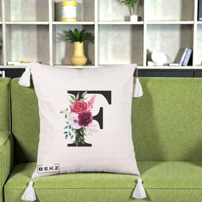 Cadou Personalizat - Perna Personalizata Monograma Florala Litera F, 40x40 cm, Bej cu Franjuri, Husa Detasabila, Perna Inclusa, BEKZ®