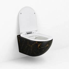 Vas WC suspendat negru cu finisaj marmorat auriu, capac duroplast soft-close