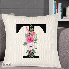 Cadou Personalizat - Perna Personalizata Monograma Florala Litera T, 40x40 cm, Crem Reliefat, Husa Detasabila, Perna Inclusa, BEKZ®