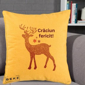 Perna Decorativa Ren Sclipitor Glitter Craciun Fericit, 40x40 cm, Galben, Husa Detasabila, Perna Inclusa, BEKZ®