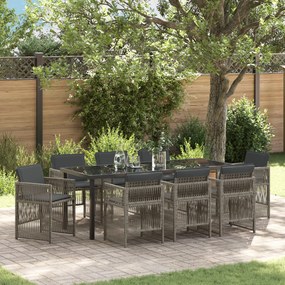 vidaXL Set de dining pentru grădină, 9 piese, cu perne, gri, din rattan polietilenic