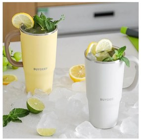Pahar termo cu pai incorporat Buydeem DS57-MY, 700 ml, Cald/rece pana la 6 ore, Vid, Maner, Otel inoxidabil, Fara BPA, Galben