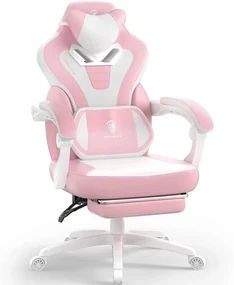 DOWINX Scaun gaming, ergonomic, suport lombar cu masaj, Șezut cu Arcuri Metalice și Spumă, Spătar înalt, rabatabil 90°-145°, Buzunar depozitare, Suport picioare, rezistent 150 kg, material PU respirabil, Roz/Alb