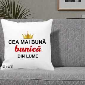 Cadou pentru Bunica - Perna Personalizata Cea Mai Buna Bunica Din Lume Coroana Aurie, 40x40 cm, Alba Mata, Husa Detasabila, Perna Inclusa, BEKZ®