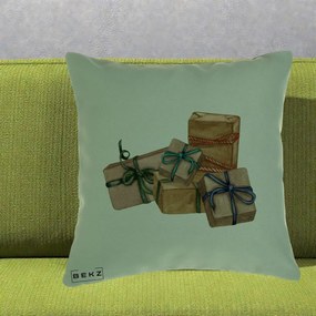 Perna Decorativa Cadouri de Craciun Kraft, 40x40 cm, Verde, Husa Detasabila, Perna Inclusa, BEKZ®