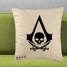 Perna Personalizata Assassin's Creed Black Flag Skull, 40x40 cm, Bej, Husa Detasabila, Perna Inclusa, BEKZ®
